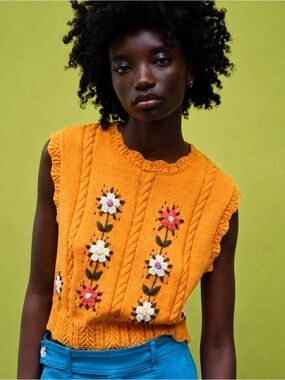 Zara Embroidered Floral Vest Knit Cropped Sleeveless Cotton Orange Size Medium